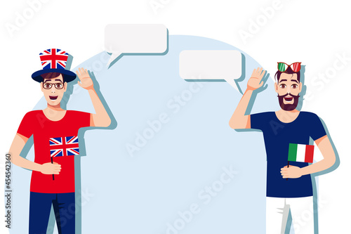 The concept of international communication, sports, education, business between the United Kingdom and Italy. Men with British and Italian  flags. Vector illustration.