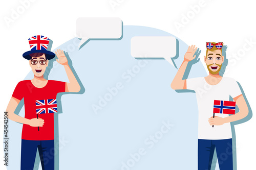 Men with British and Norwegian flags. Background for the text. Communication between native speakers of the language. Vector illustration.
