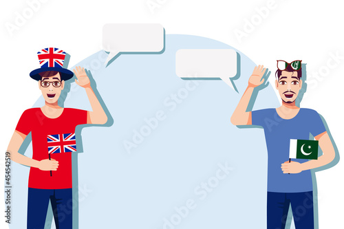 Men with British and Pakistani flags. The concept of international communication, education, sports, travel, business. Dialogue between the United Kingdom and Pakistan. Vector illustration.
