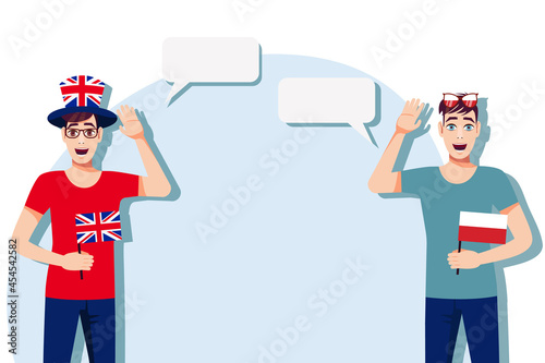 The concept of international communication, sports, education, business between the United Kingdom and Poland. Men with British and Polish flags. Vector illustration.