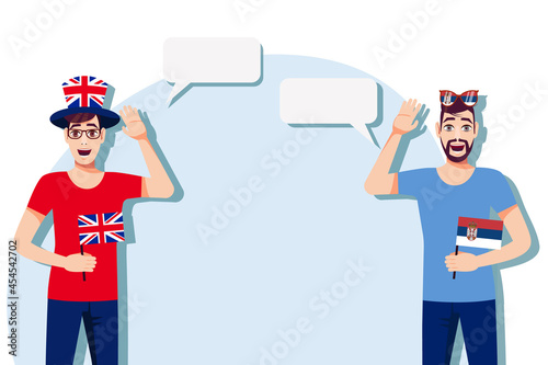 The concept of international communication, sports, education, business between the United Kingdom and Serbia. Men with British and Serbian flags. Vector illustration.