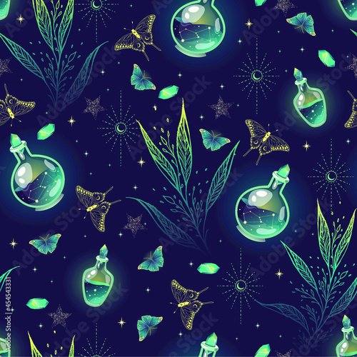 Green seamless pattern with different magic objects. Repetitive background with butterflies, herbs,  stars, liquid bottles and crystals.