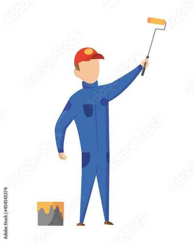 Builder. Painter. Construction worker with professional equipment during building activity. illustration. Professional construction worker character