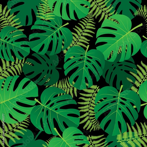 modern green and black fern and monstera leaves seamless pattern  simple cartoon flat style  isolated vector illustration  design for print  fabric  paper