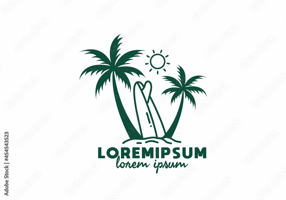 Surfing board and coconut trees line art with lorem ipsum text