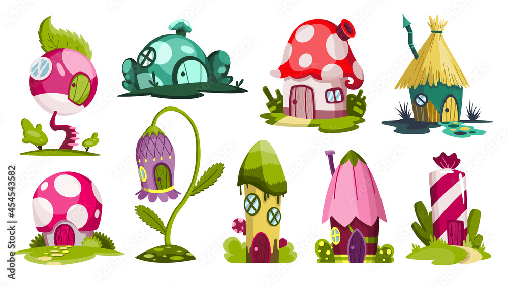 Set of fairytale houses. Collection of cartoon houses in the shape of candy, flower or mushrooms. Colorful illustration of housing for fairytale characters. on white background