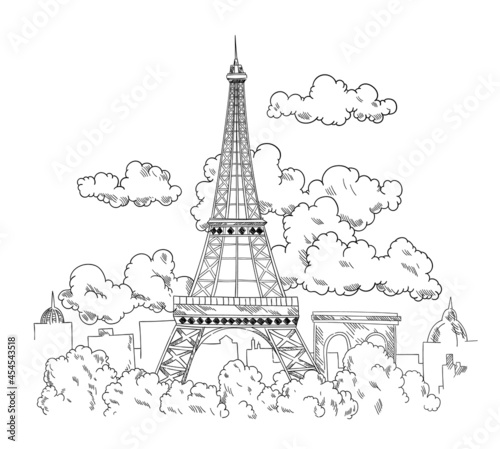 Eiffel Tower drawn by pen. Beautiful banner with Paris city landscape. Hand drawn sketch with view of famous architecture monument