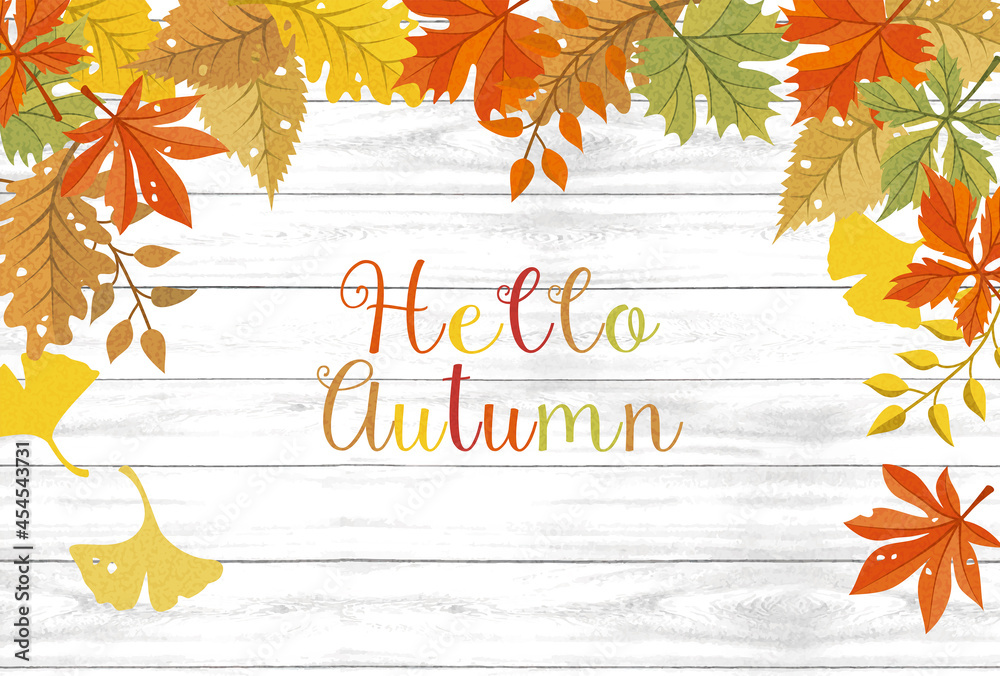 秋イメージの紅葉のフレームの白い木目背景素材 Stock Vector Adobe Stock