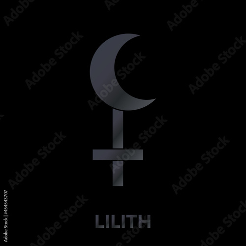 Lilith ​sign. False moon, demon goddess. Protective amulet for witches. Esoteric, sacred geometry, witchcraft. Wiccan vector. Isolated illustration on black background in dark grey gradient color