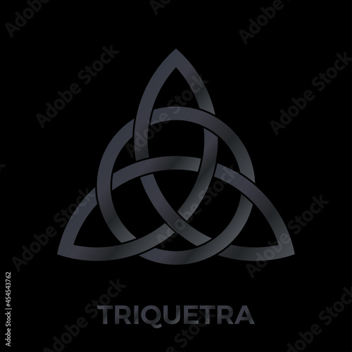Triquetra sign, celtic knot logo. Scandinavian protective amulet. Pagan vector. Celtic symbol of triangle. Nordic tattoos. Isolated illustration on black background in dark grey gradient color