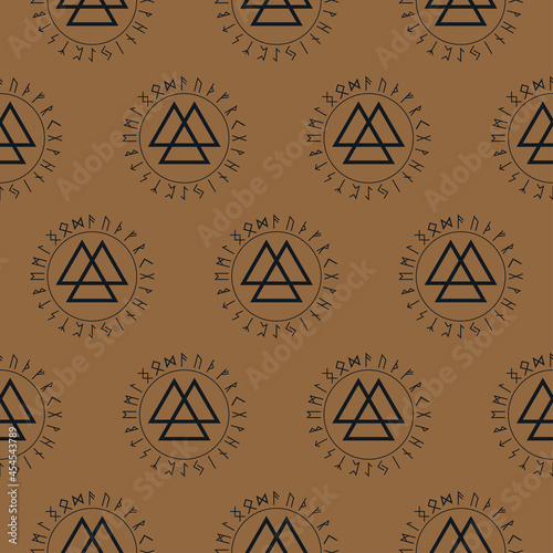 Valknut sign. Scandinavian amulet, symbol god Odin. Seamless pattern. Viking runes. Pagan vector. Celtic symbol of triangle. Nordic tattoos. Vector illustration on brown background