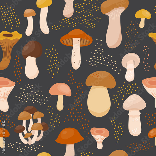 Seamless pattern with autumn mushrooms such as boletus, cep, champignon, chantarelle, milky cap, agaric honey, saffron cap. Vector background of wild forest edible mushrooms