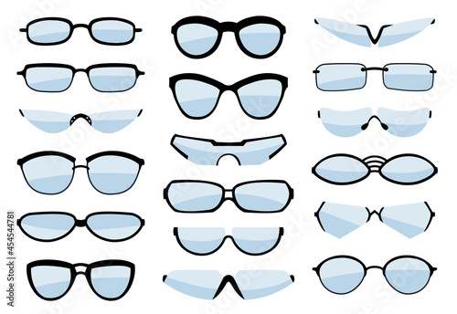 Glasses line art silhouette, eyewear and optical accessory. Medical classic ocular set. glasses isolated illustration on white background. Various shapes. glasses model icons