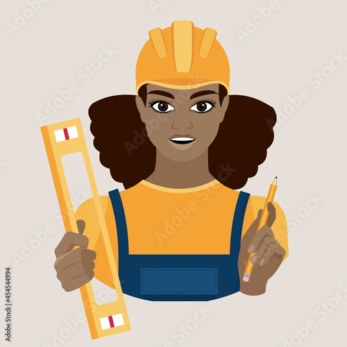 Avatar of a woman in a protective helmet and construction uniform holds a pencil and a level. Woman builder. Flat vector illustration.