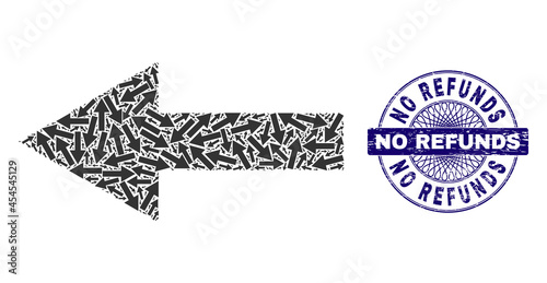 Recursion composition arrow left and No Refunds round rubber stamp seal. Violet stamp seal includes No Refunds text inside circle and guilloche technique.