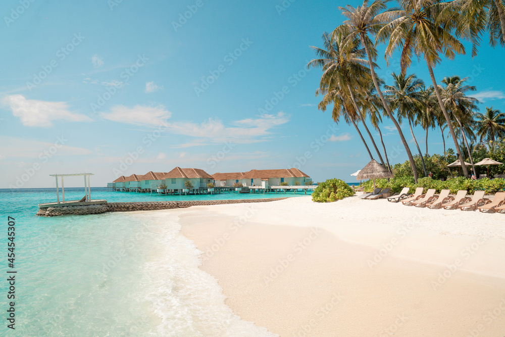 Beautiful Landscape background of Tropical beach summer at Maldives resort hotel and island with sea and sky for holiday vacation -Boost up color process