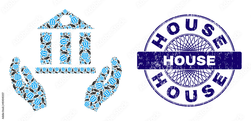 Fractal mosaic bank service and House round unclean stamp print. Violet stamp seal includes House tag inside circle and guilloche structure.