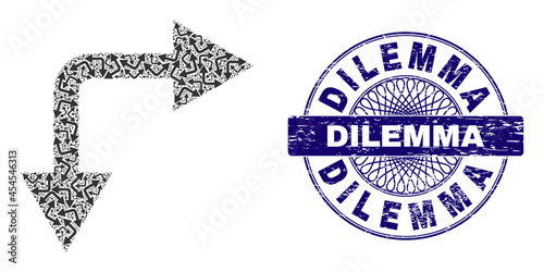 Recursive combination bifurcation arrow right down and Dilemma round scratched stamp print. Violet stamp seal includes Dilemma title inside circle and guilloche ornament.