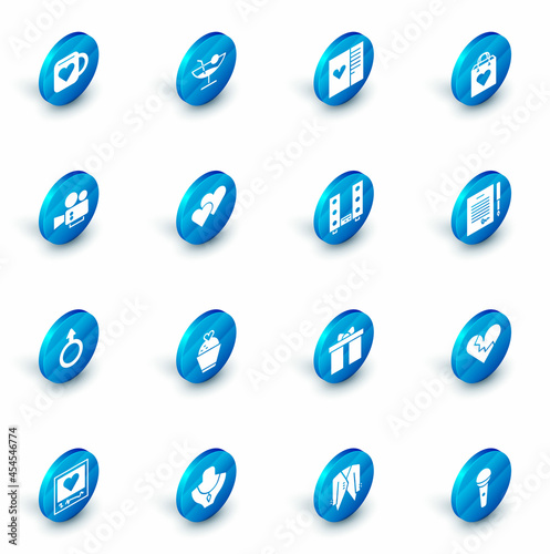 Set Cocktail, Postcard with heart, Shopping bag, Cinema camera, Male gender symbol, Heart, Marriage contract and Home stereo two speakers icon. Vector