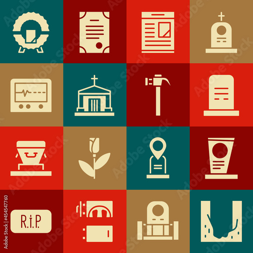 Set Cemetery digged grave hole, Grave with tombstone, Obituaries, Old crypt, Beat dead in monitor, Memorial wreath and Hammer icon. Vector