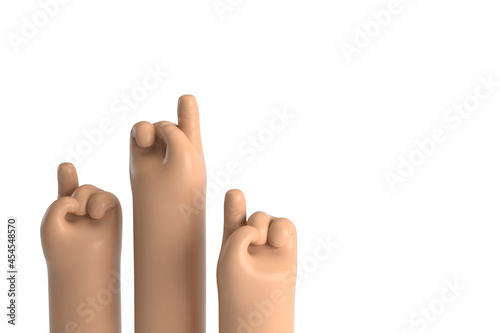 Manos de niños levantando la mano y el dedo. Concepto de vuelta al cole sobre fondo blanco. Illustración 3D de manos de niño.