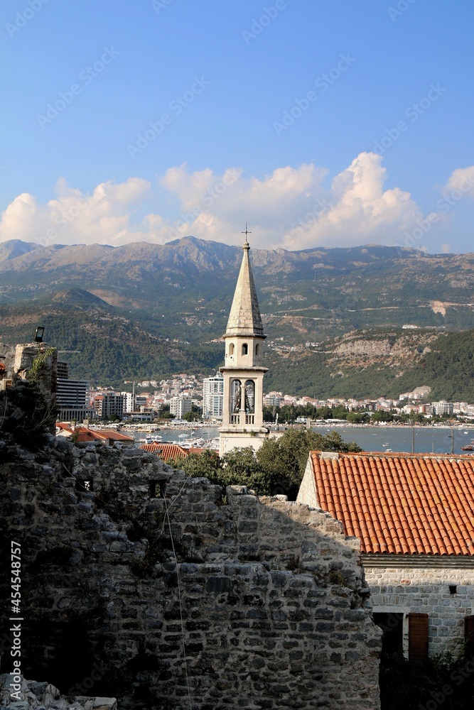 montenegro, budva, church, tower, religion, cathedral, city, travel, town, mountains, catholic, history, summer, europe, architecture, mediterranean, adriatic, view,	