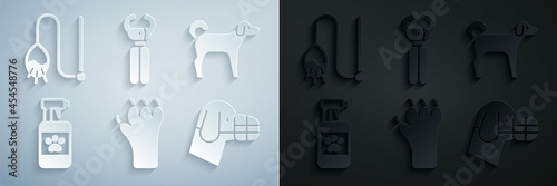 Set Paw print, Dog, Pet shampoo, muzzle, nail clippers and cat toy icon. Vector