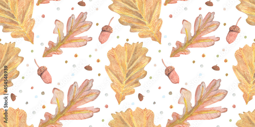 Raster seamless watercolor pattern with acorns, colored ots and oak leaves. Colored hand drawn tracery.