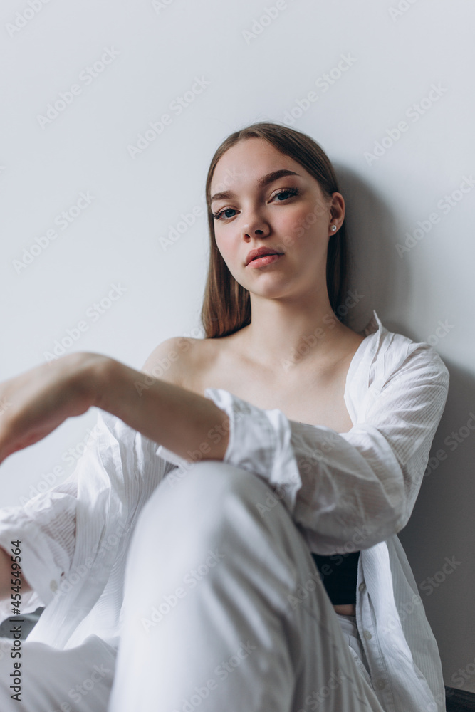 Close up beauty caucasian girl portrait isolated on background Close up beauty caucasian girl portrait isolated on background