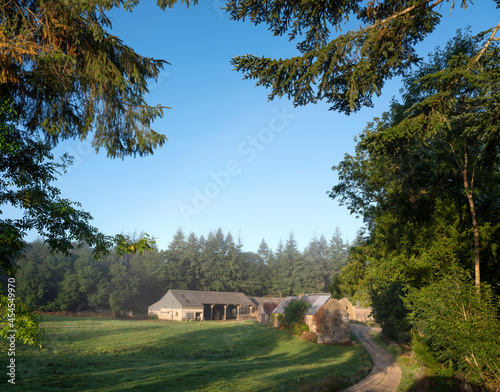 old forest farm in the centre of french brittany in morning fog