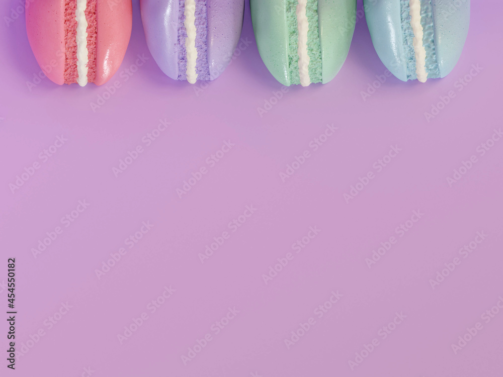 Cake macaron or macaroon on turquoise background from above, colorful 3d rendering