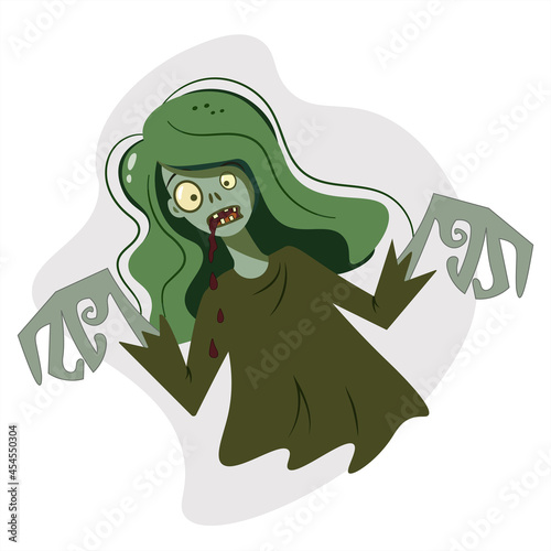 Vector illustration of a zombie girl with blood dripping from her mouth. Spooky, terrifying female Halloween character. Isolated cartoon illustrations for holiday events.