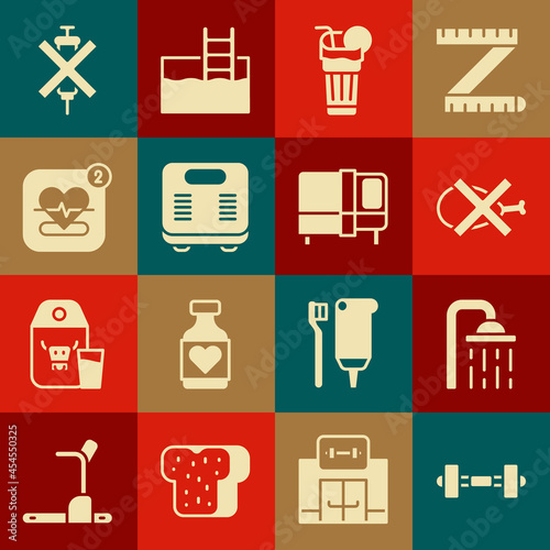 Set Dumbbell, Shower head, No meat, Fresh smoothie, Bathroom scales, Mobile with heart rate, doping syringe and Bed icon. Vector