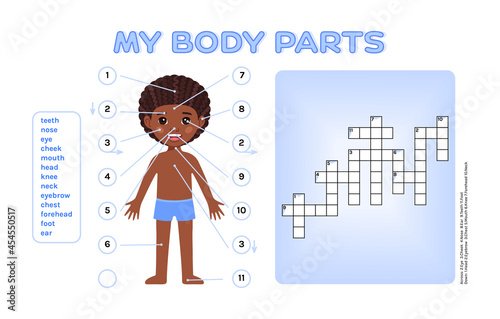 Сrossword Puzzle for School Children and Cute Black Afro Boy. My body Parts. Page from Workbook for Lesson in Anatomy, Biology. Educational Intellectual Game for Kids Color Cartoon style. Vector image