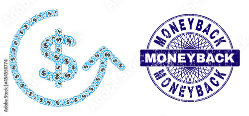Recursion combination chargeback and Moneyback round dirty stamp seal. Violet seal includes Moneyback caption inside circle and guilloche pattern.