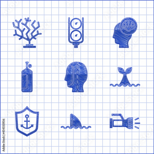 Set Diving hood, Shark fin ocean wave, Flashlight, Whale tail, Anchor inside shield, Aqualung, Scallop sea shell and Coral icon. Vector