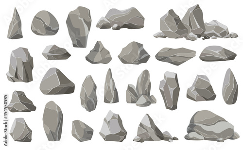Rock stones and debris of the mountain. Gravel  gray stone. Collection of stones of various shapes