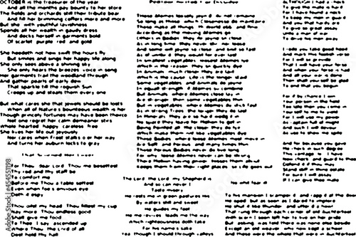 Monochrome grunge background of the handwritten page. Set of unreadable poems. Careless, illegible lines of poetry. Overlay template. Vector illustration