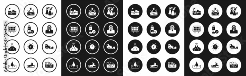 Set Smoke from factory, Battery, Solar energy panel, Earthquake, Face in protective mask, Drought, Car exhaust and Volcano eruption with lava icon. Vector