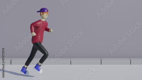 3d render cartoon characters run. Marathon participants, Young boy running, stylized cartoon character, school kid 3d rendering.