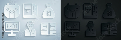 Set Trader, Money bag, Computer with growth graph, Stacks paper money cash, Office folders and Bear market icon. Vector