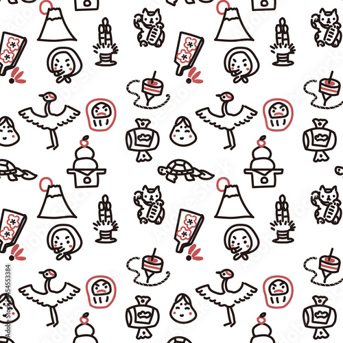 年賀素材　縁起物のシームレスパターン