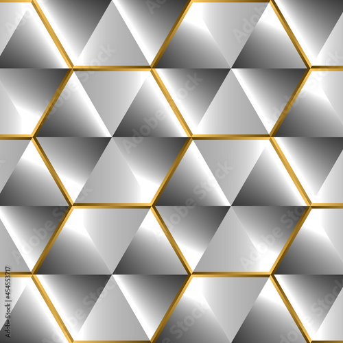 Shiny silver background with 3d diamonds effect and golden glossy elements with flares. Abstract hexagonal metal glowing gradient background. Vector illustration