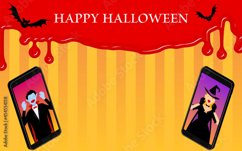 ドラキュラと魔女、スマホでオンラインハロウィンパーティ、血のりの背景