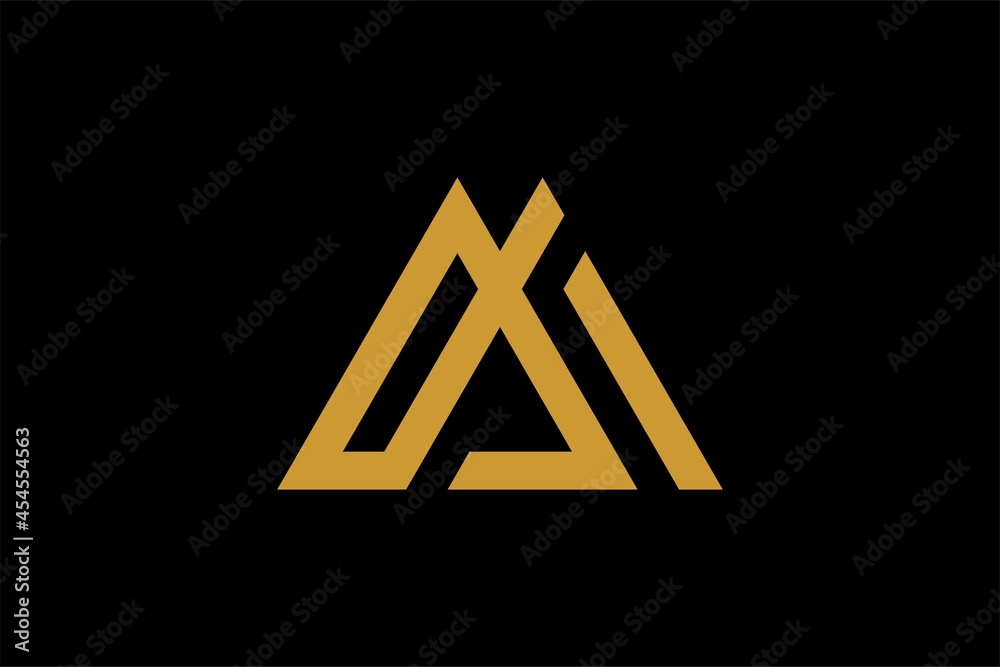 Mountain logo design vector. Triangle abstract illustration symbol. Letter AM outline sign. Gold adventure vector icon. Mountain logo design vector. Triangle abstract illustration symbol. Letter AM outline sign. Gold adventure vector icon.