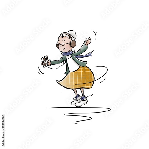 Grandmother listen to the music on the cassette recorder. Happy grandma. World senior citizen’s day. Active lifestyle