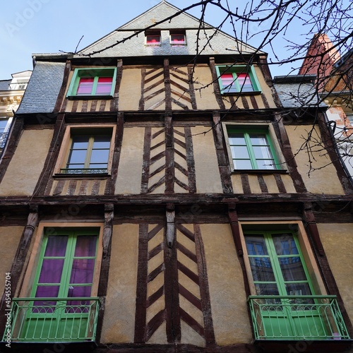 Colorful medieval Normandy-style buildings are still standing after five centuries in the old district of the French city of Rennes, capital of the Brittany region