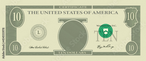 Voucher template banknote 10 dollars with guilloche pattern watermarks and border. Green background banknote, gift voucher, coupon, money design, currency, cheque, reward, certificate vector design