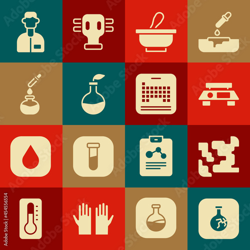 Set Cracked flask, Gaseous, Electronic scales, Mortar and pestle, Plant breeding, Test tube, Laboratory assistant and Periodic table icon. Vector