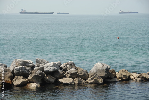 The coast of Trieste and large merchant ships in the background.
